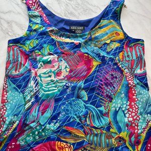 Vintage Ann May Tropical Fish 100% Silk Sleeveless Shirt Size Small